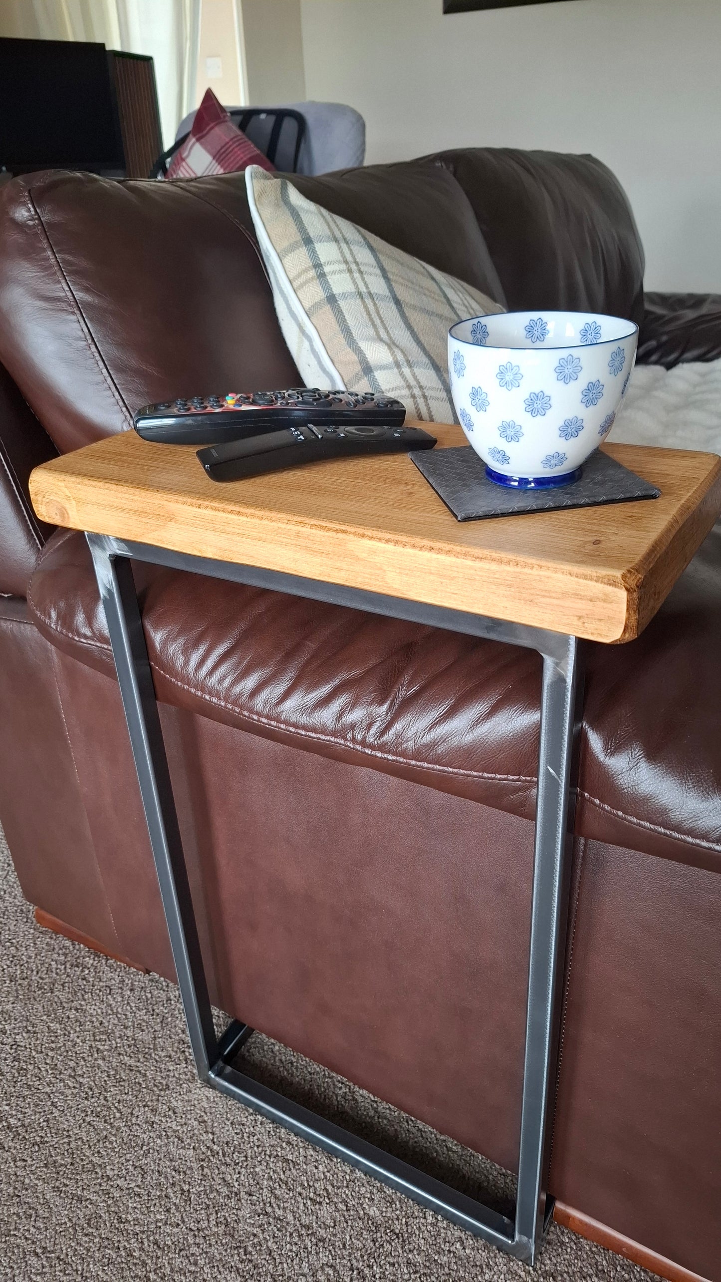 Tweed C-Shaped Sofa Settee Table/Side Table over armrest