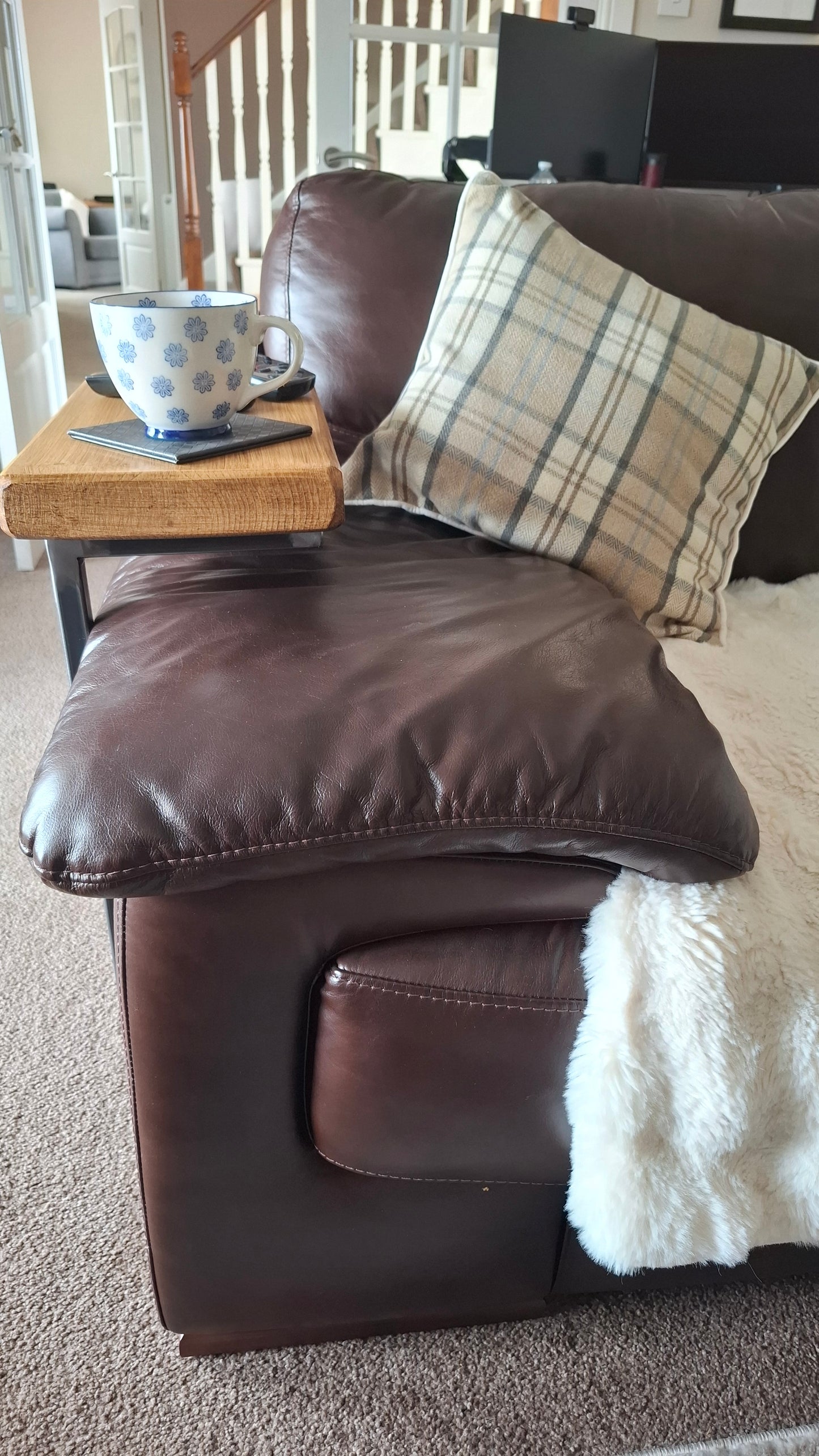 Tweed C-Shaped Sofa Settee Table/Side Table over armrest