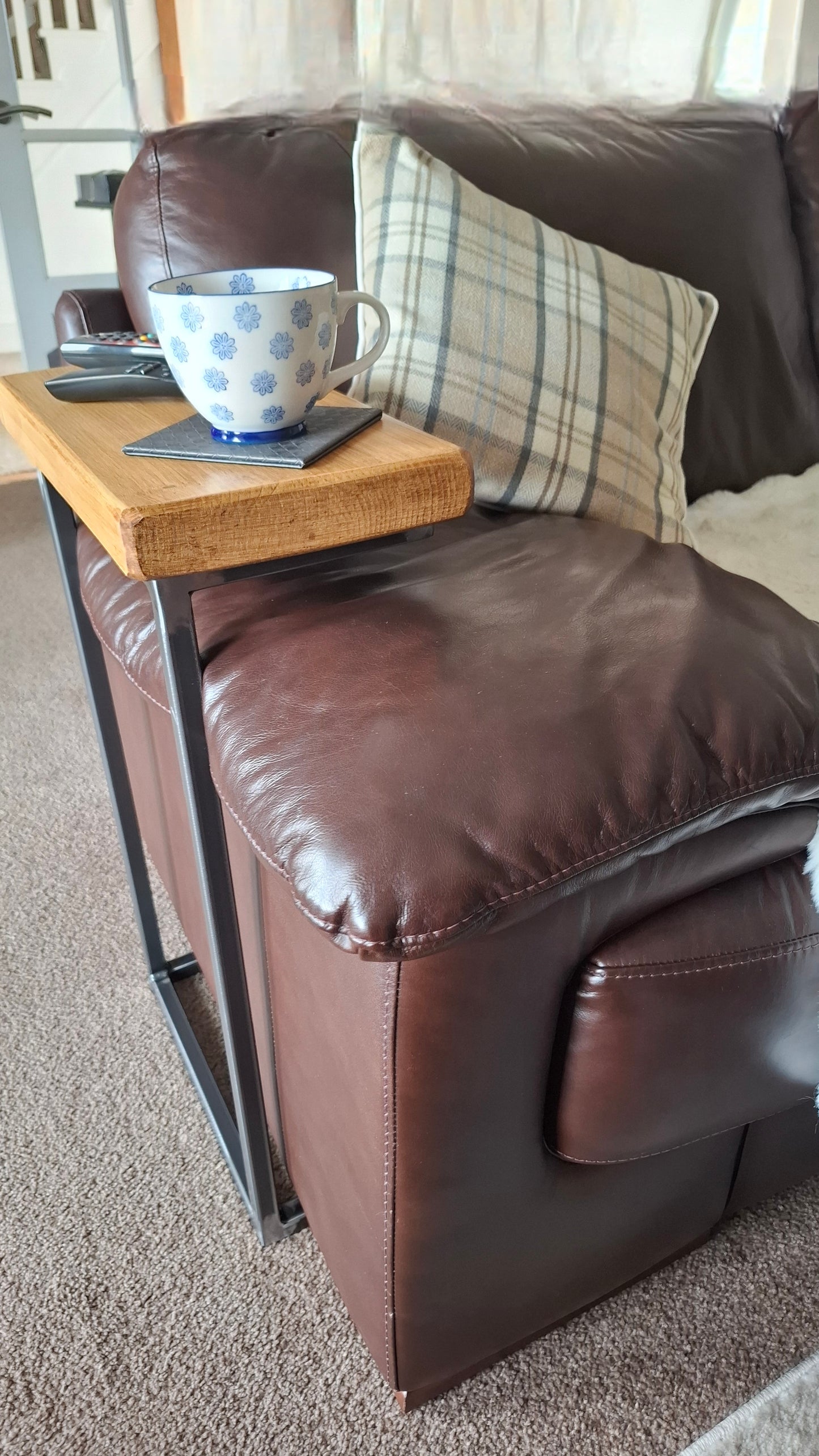 Tweed C-Shaped Sofa Settee Table/Side Table over armrest