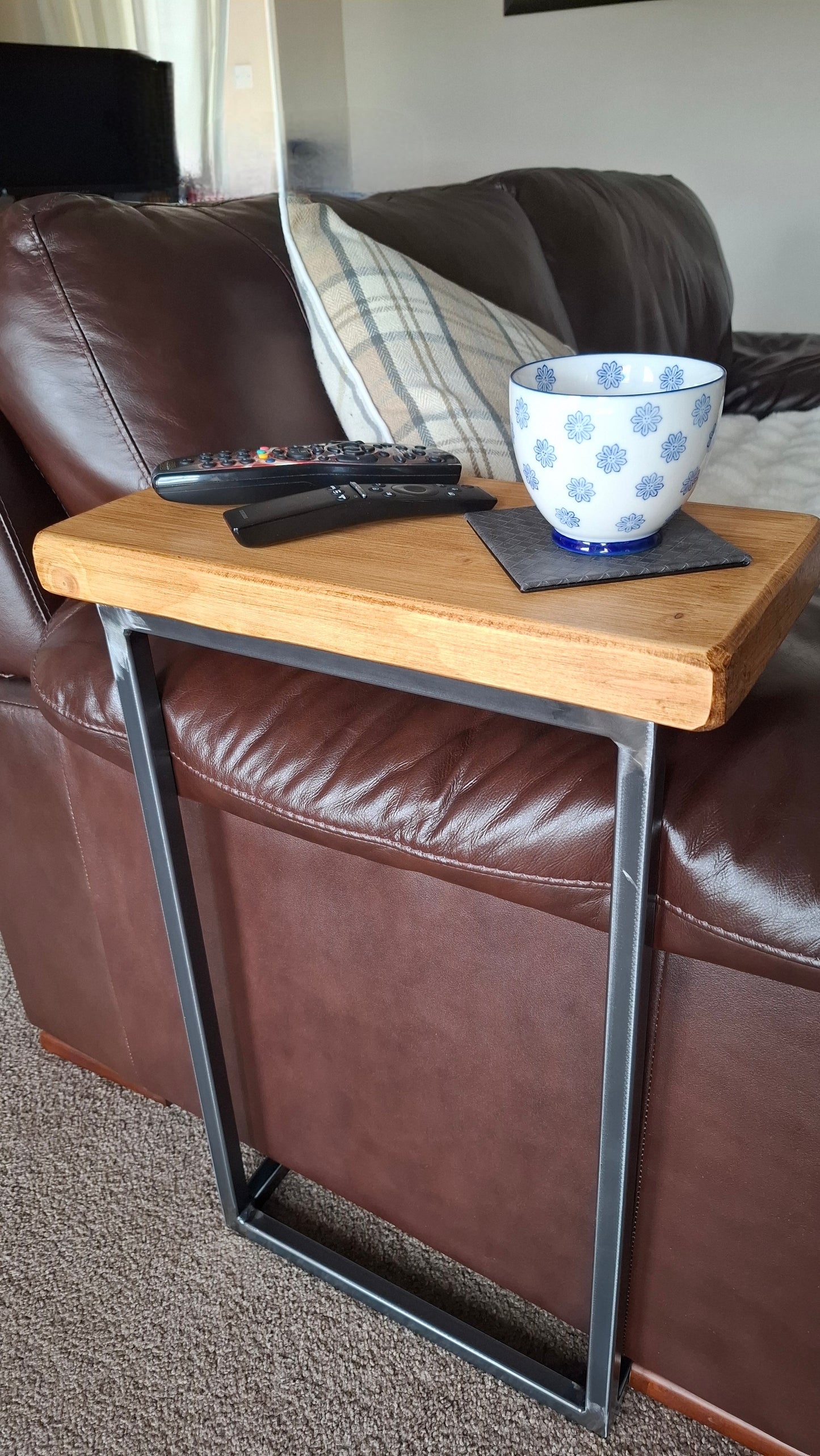 Tweed C-Shaped Sofa Settee Table/Side Table over armrest