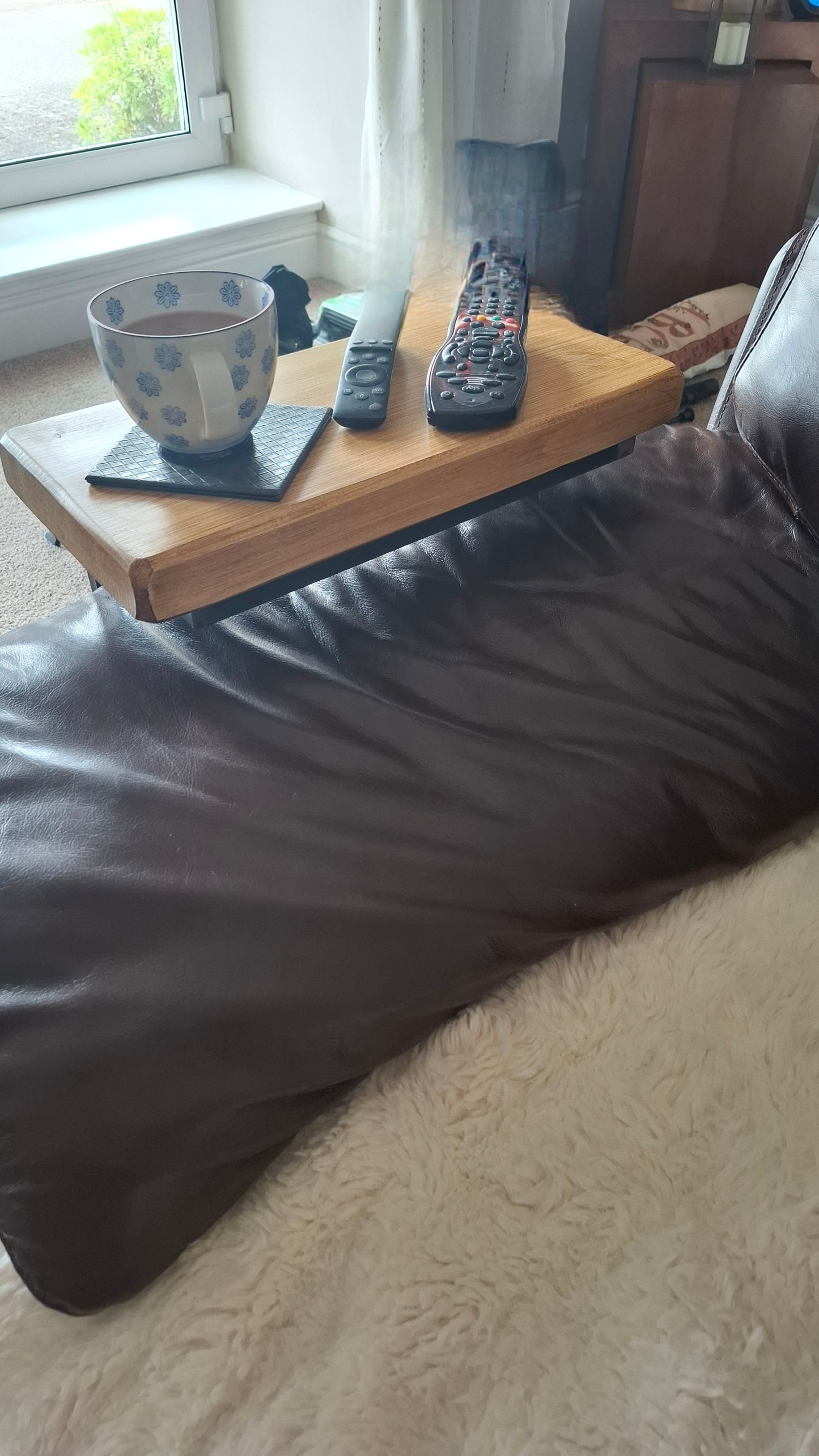 Tweed C-Shaped Sofa Settee Table/Side Table over armrest
