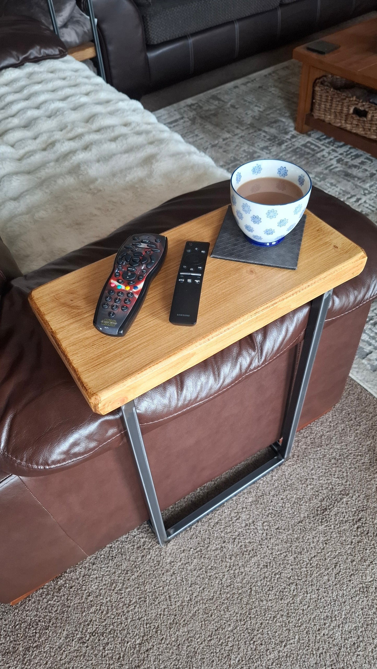 Tweed C-Shaped Sofa Settee Table/Side Table over armrest